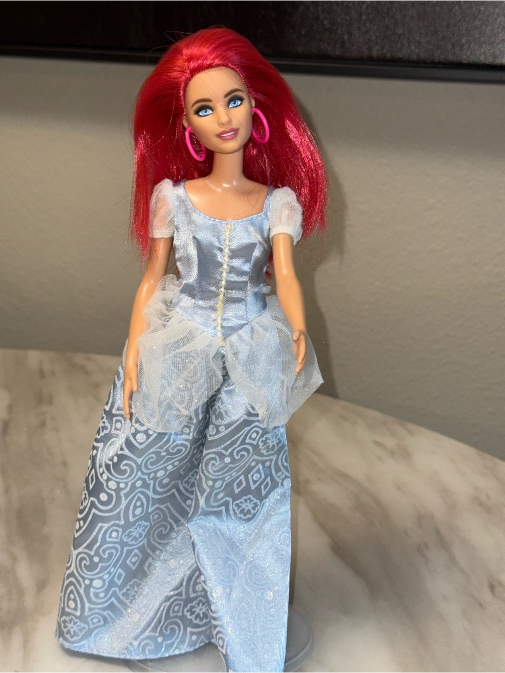 Barbie bright red hair pink hoops in Cinderella dress 2014 doll